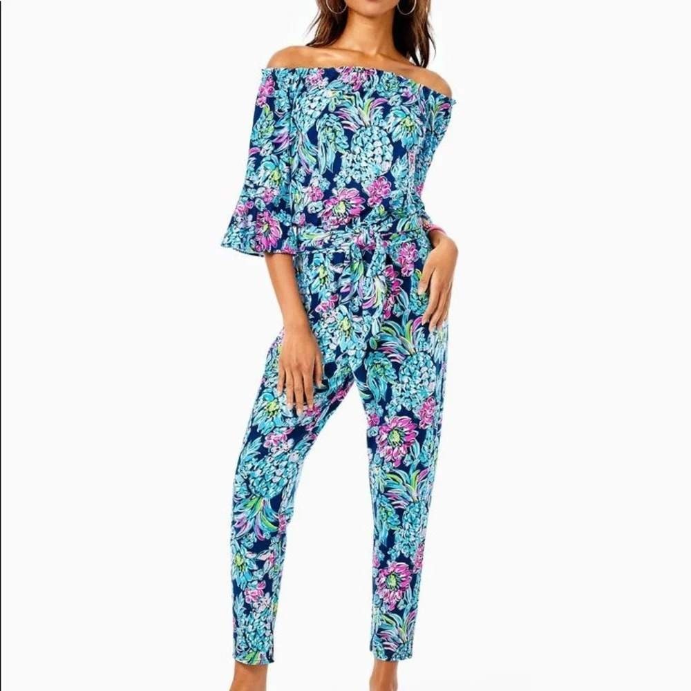 Lilly Pulitzer Sz L Off Shoulder Jumpsuit Calla High Tide Navy Pinapple Paradise